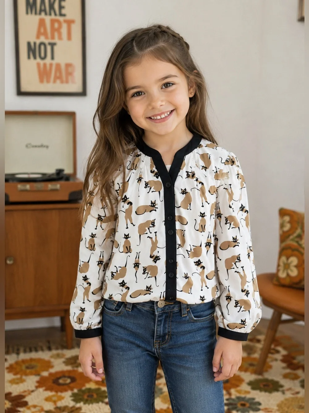 Gymboree Retro Cat Print Button Down Blouse Girls Size 7 NWT White Black Tan